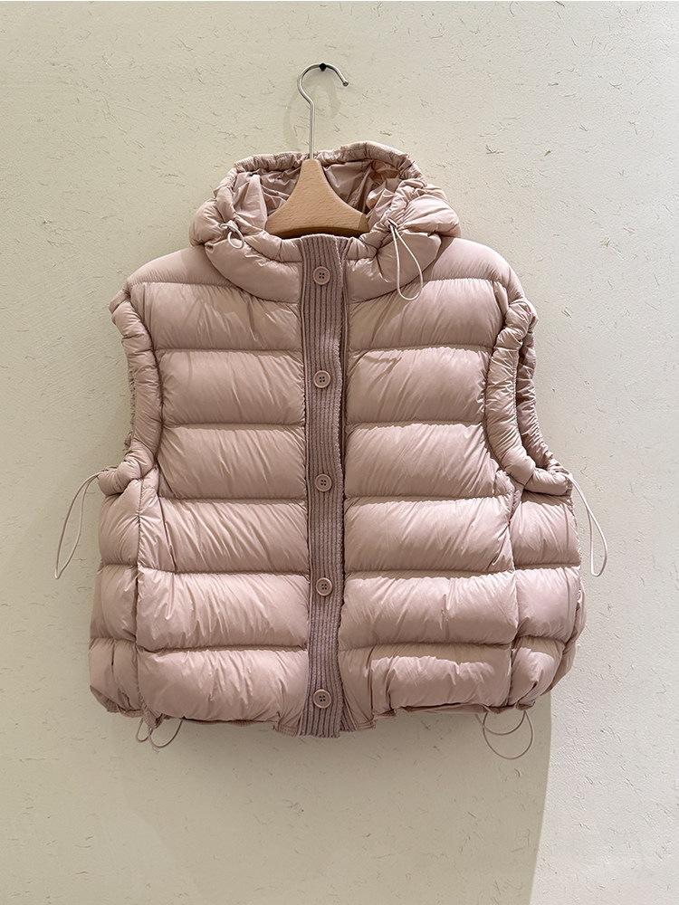 Down vest women's short winter thickened hooded white duck down jacket knitted splicing to keep warm