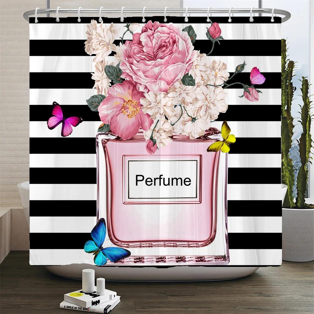 Ladies Perfume Flower Print Shower Curtain Fashion Bathroom Curtains Fashion Girly Women Polyester Bath Curtain Decor With Hooks