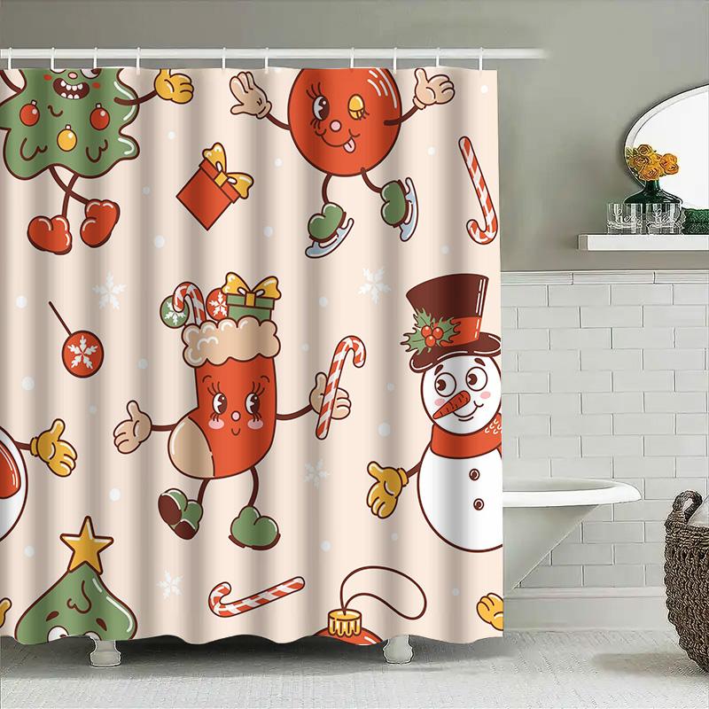 Christmas-Themed Shower Curtain Decorative Bathroom Accessories Waterproof Printed Fabric Christmas Tree Snowman Candy Cane Patt