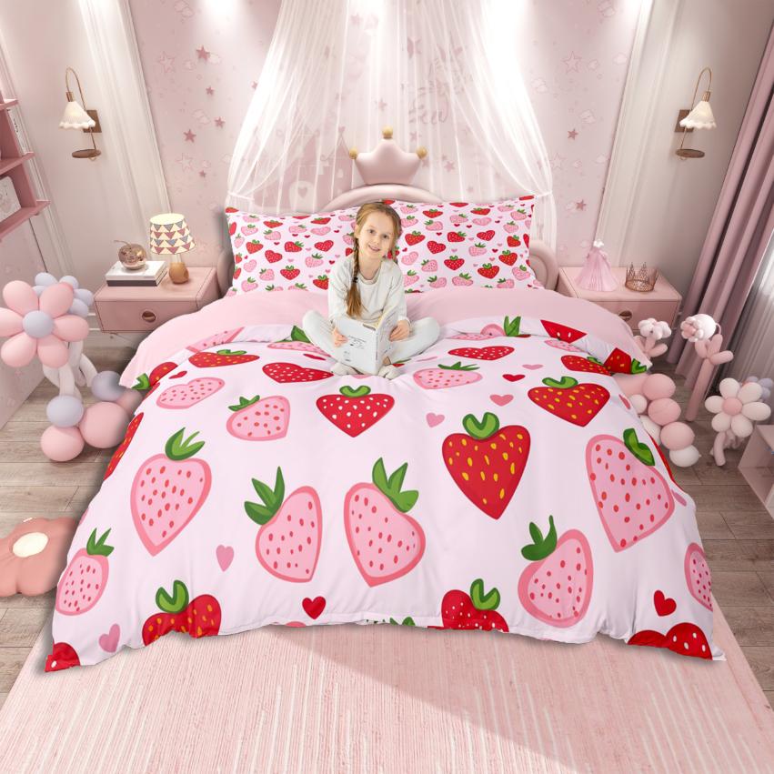 Homewish Cartoon Strawberry Duvet Cover SetGroovy Flower Daisy For Kids Bedding SetFloral Fruit Decor