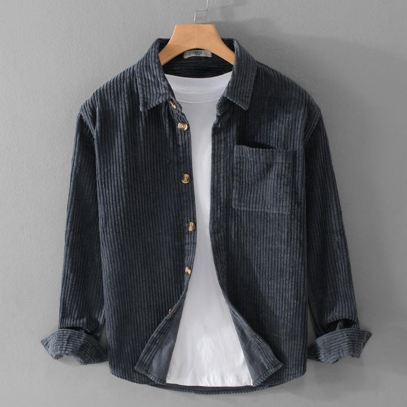 Men's Corduroy Casual Button Down Shirt with Chest Pocket, Retro Loose Fit Long Sleeve Shirt