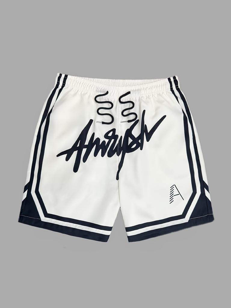Men Gothic Angel Graffiti 3D Print Mesh Beach Shorts Elastic Drawstring Loose Straight Casual Summer Board Shorts