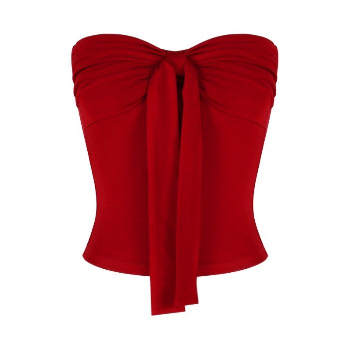 [Human Cotton] Spice Girl Bow Strap-on Tube Top, Women's Pure Desire Style Red Slim-fitting Short Top