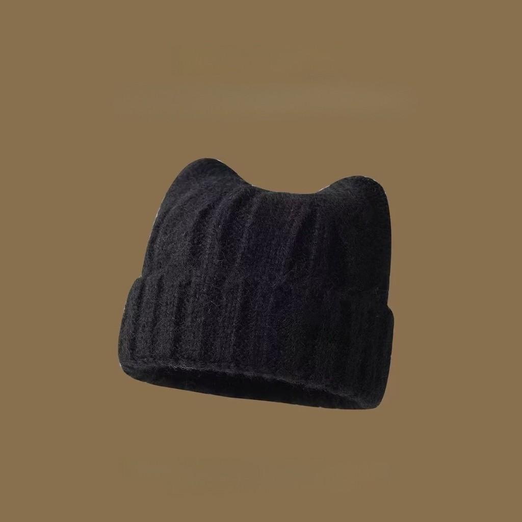 

Cute Cat Ear Knit Cap For Women Fall Winter Wool Material Cozy Headwear Black