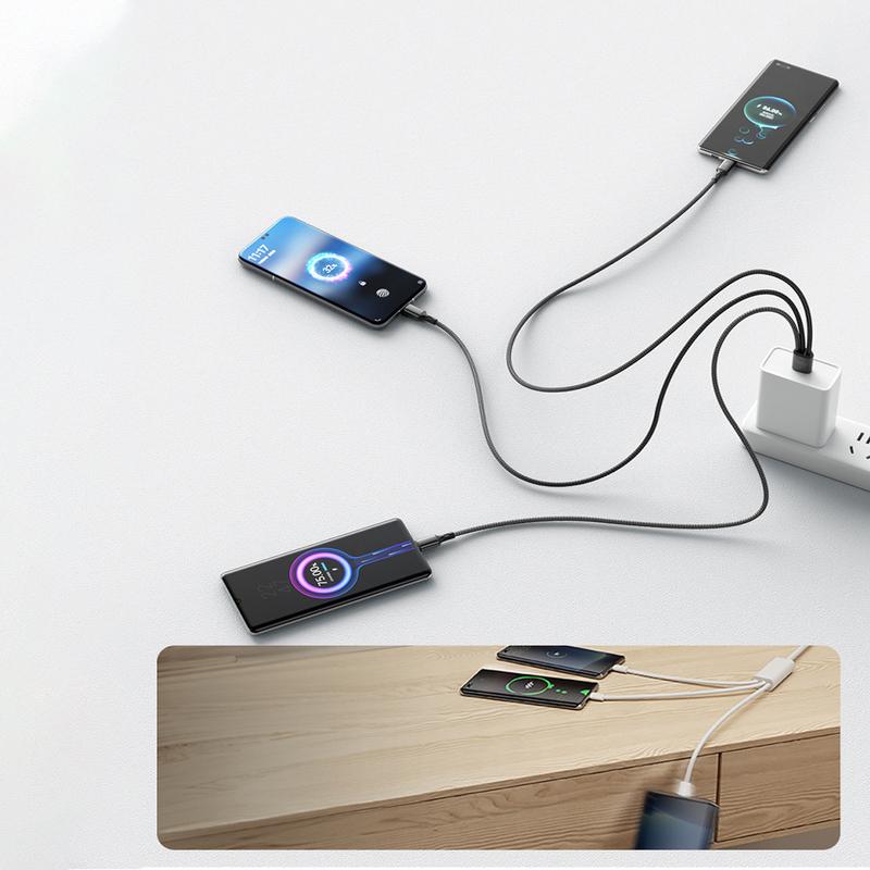 100W 3 in 1 USB to 3×Type-C Cable Phones Fast Charging Data Cable 1.2m/0.2m Extension Cord USB C PD High-Speed Data Transmission