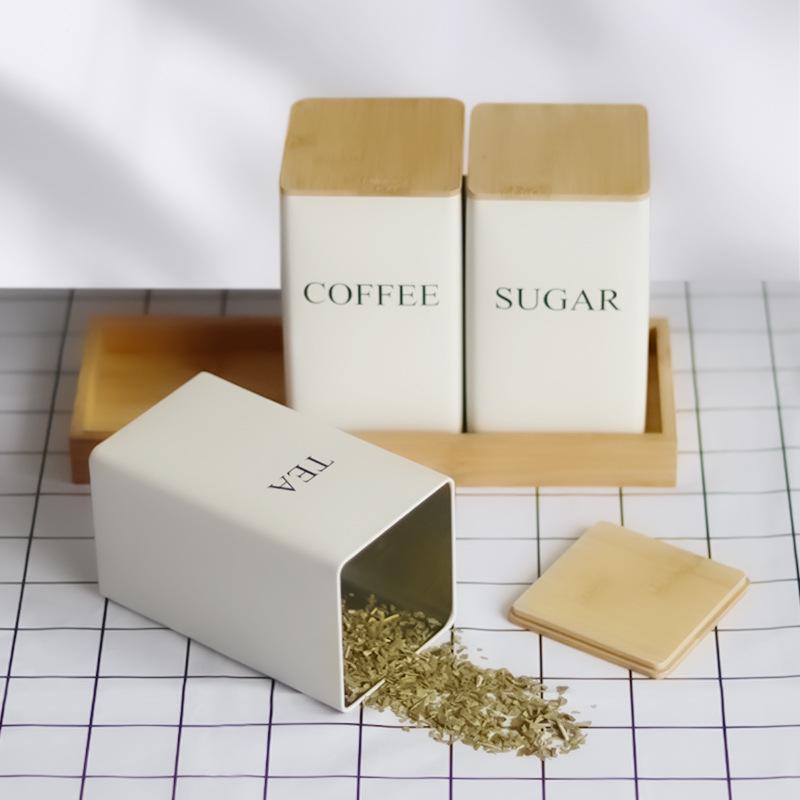 Bamboo Lid Tin Box for Sugar, Tea, and Coffee In Minimalist Style