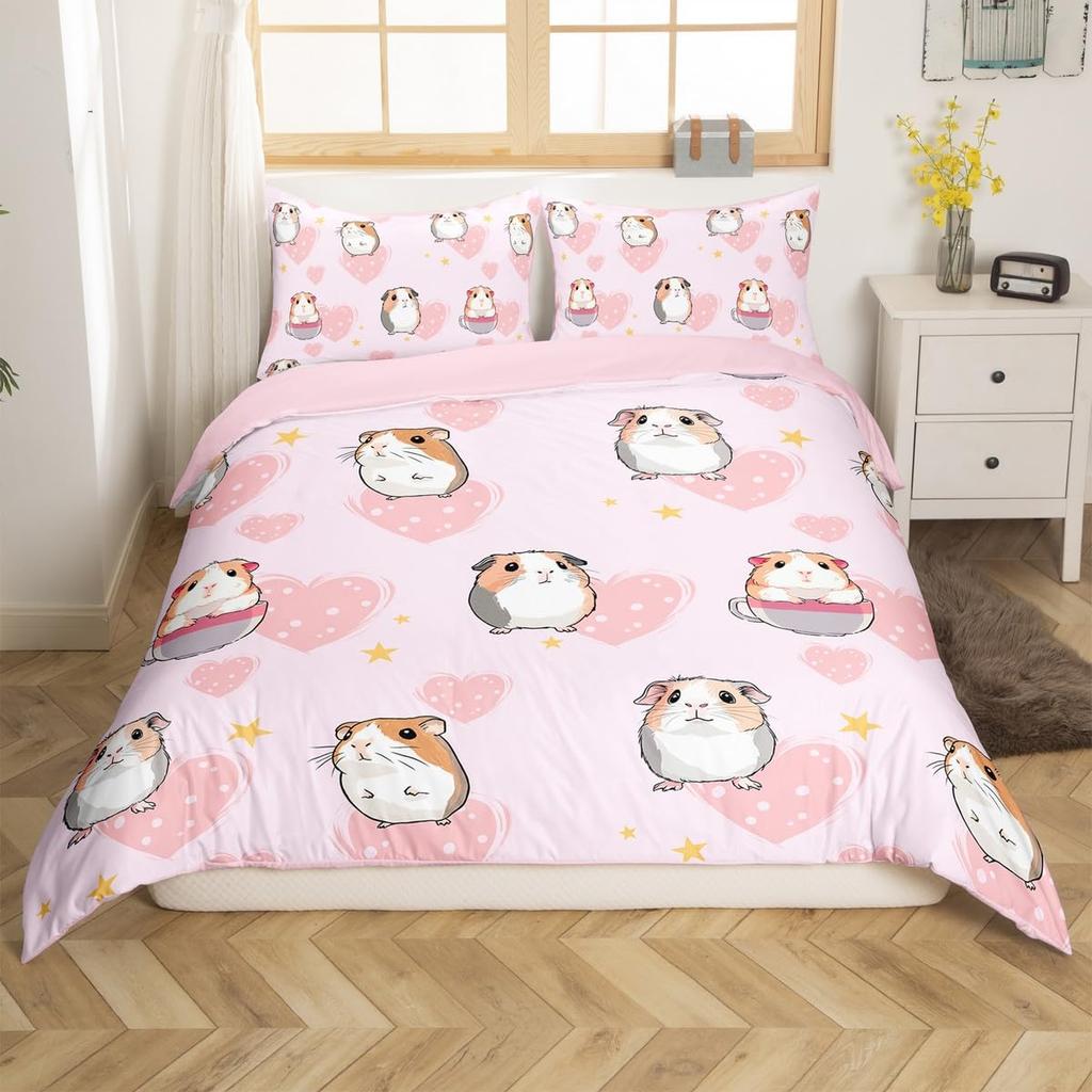 Puppy Dog Duvet Cover Queen King,Cartoon Animal Bedding Set For Kids Boys Girl,Microfiber Watercolor Pink Love Heart Quilt Cover