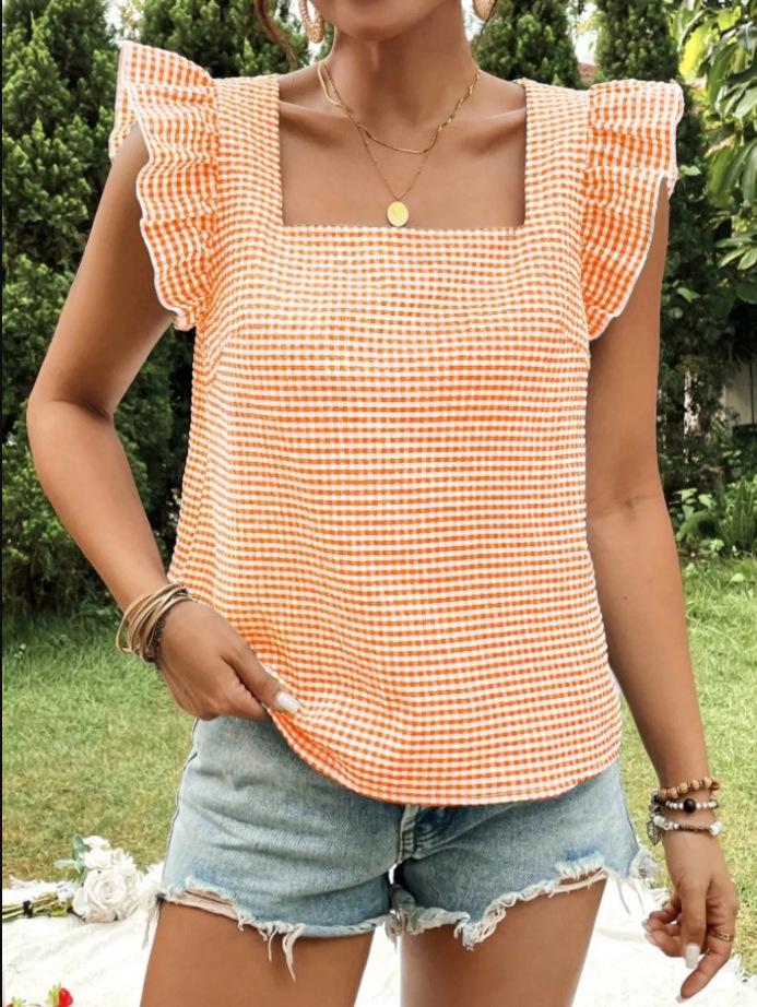 2026 Women's Plaid Square Neck Ruffle Blouse - Spring/Summer Collection