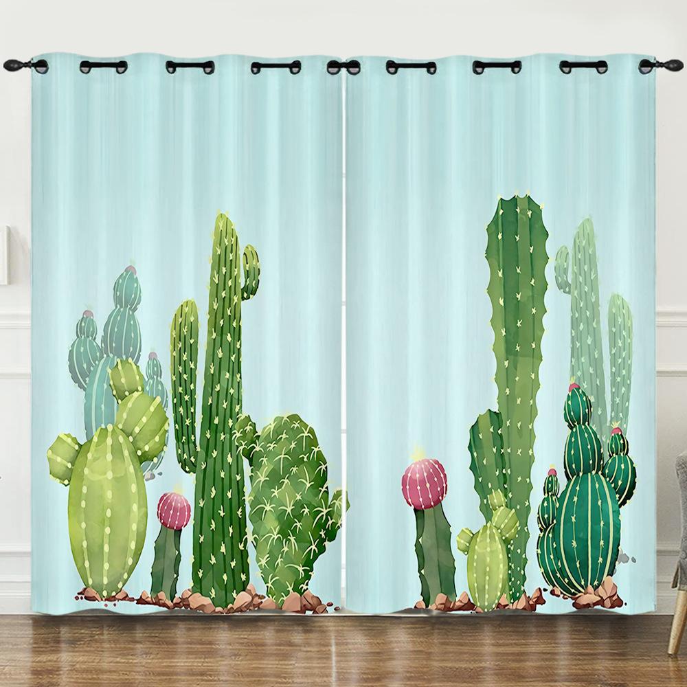 Curtains Fresh Green Plants Hand-Painted Cactus 3D Digital Printing Blackout Curtain Punching