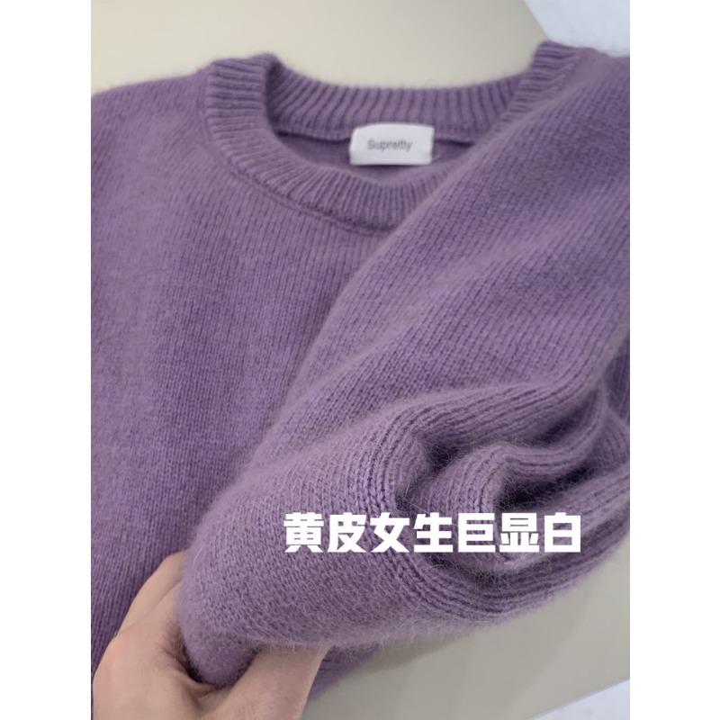 

Purple mohair knitted sweater women s spring and autumn early autumn design sense niche sweater lazy wind long-sleeved knitted top XL фиолетовый