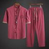 Conjuntos de Lino para Hombre Verano Ropa Urbana Camisas Jogger+Pantalones Largos Masculino 2 Piezas Hanfu Chándal Traje Tang