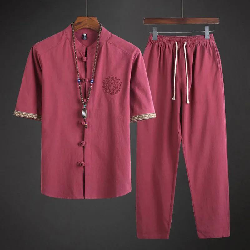 Conjuntos de Lino para Hombre Verano Ropa Urbana Camisas Jogger+Pantalones Largos Masculino 2 Piezas Hanfu Chándal Traje Tang