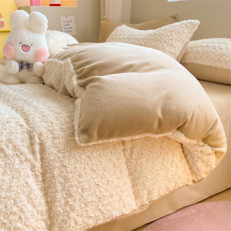Rabbit Fleece Four-Piece Set, Thickened Milk Fleece Bed Sheet Quilt Cover, Coral Fleece Bed Three-Piece Set 1.2m sheet 3pc, quilt cover 1.5 * 2.0m