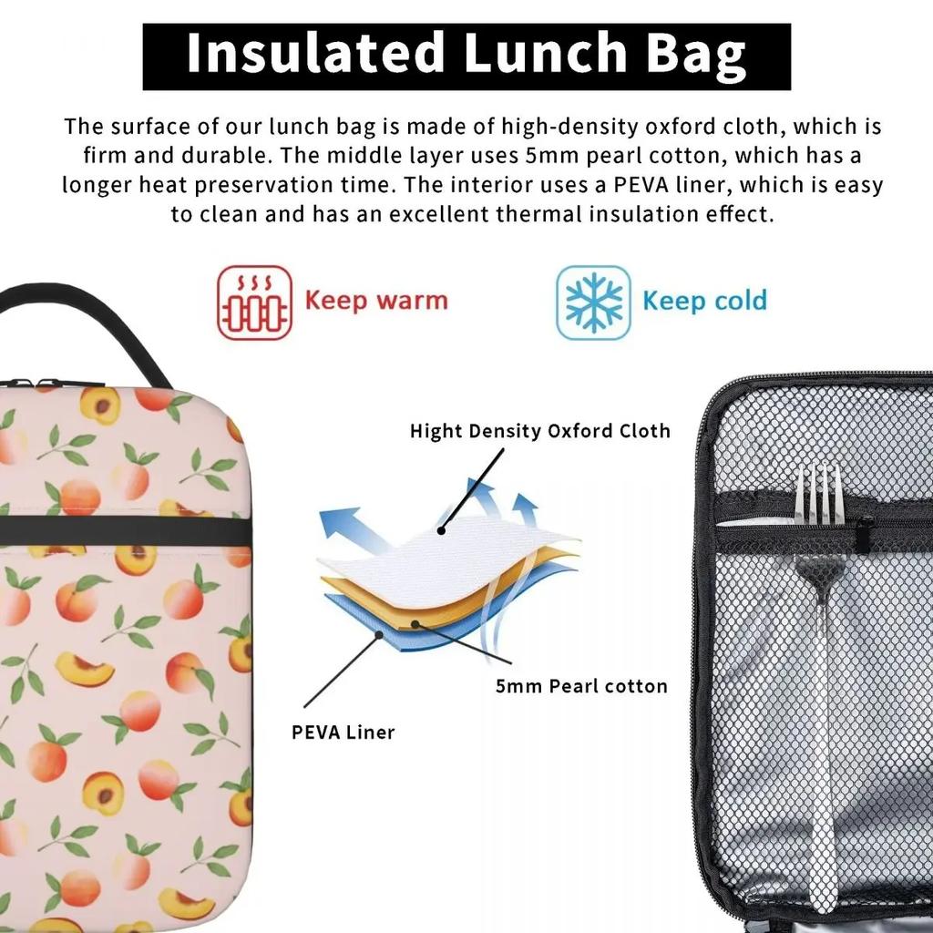 Cute Fruit Xmas Lunch Bag Fresh Peaches Lunch Box For Adult Office Portable Zipper Cooler Bag Oxford Print Thermal Tote Handbags