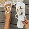 Women Slippers Open-toe Flip-flops Summer New Square Toe Metal Decorate Fashion Outdoor Beach Slippers Female Home Flat Sandals