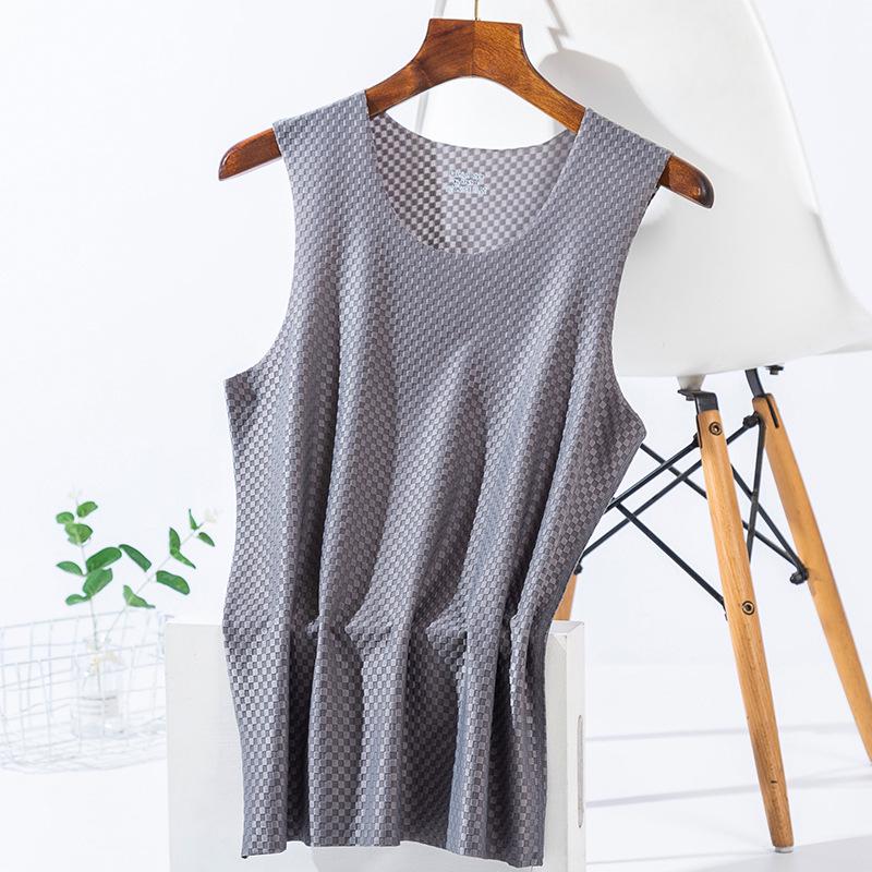 Men's Plaid Ice Silk Sleeveless Quick-Dry Tank Top - Breathable, Seamless Sports Fitness Undershirt for Summer.