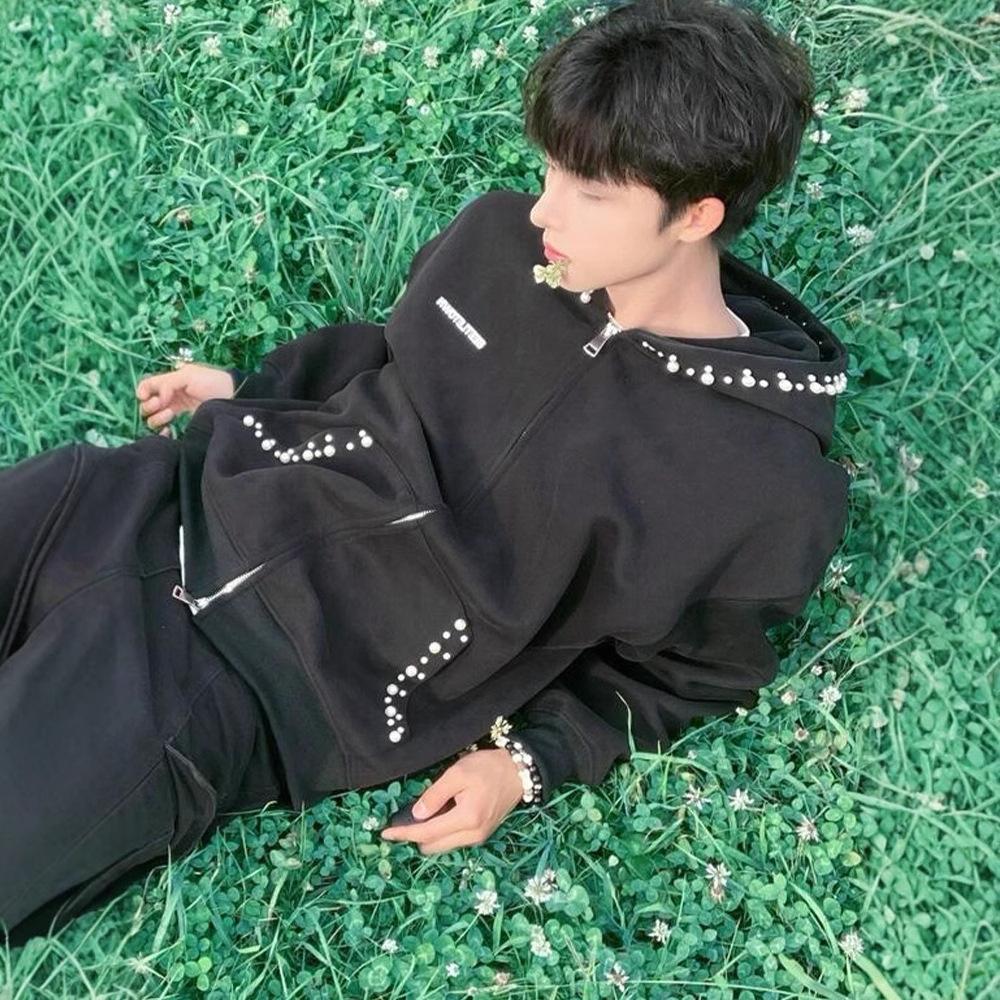 

Pearl Hooded Cardigan Sweatshirt Men s Niche Beaded Design Couple Coat XXL