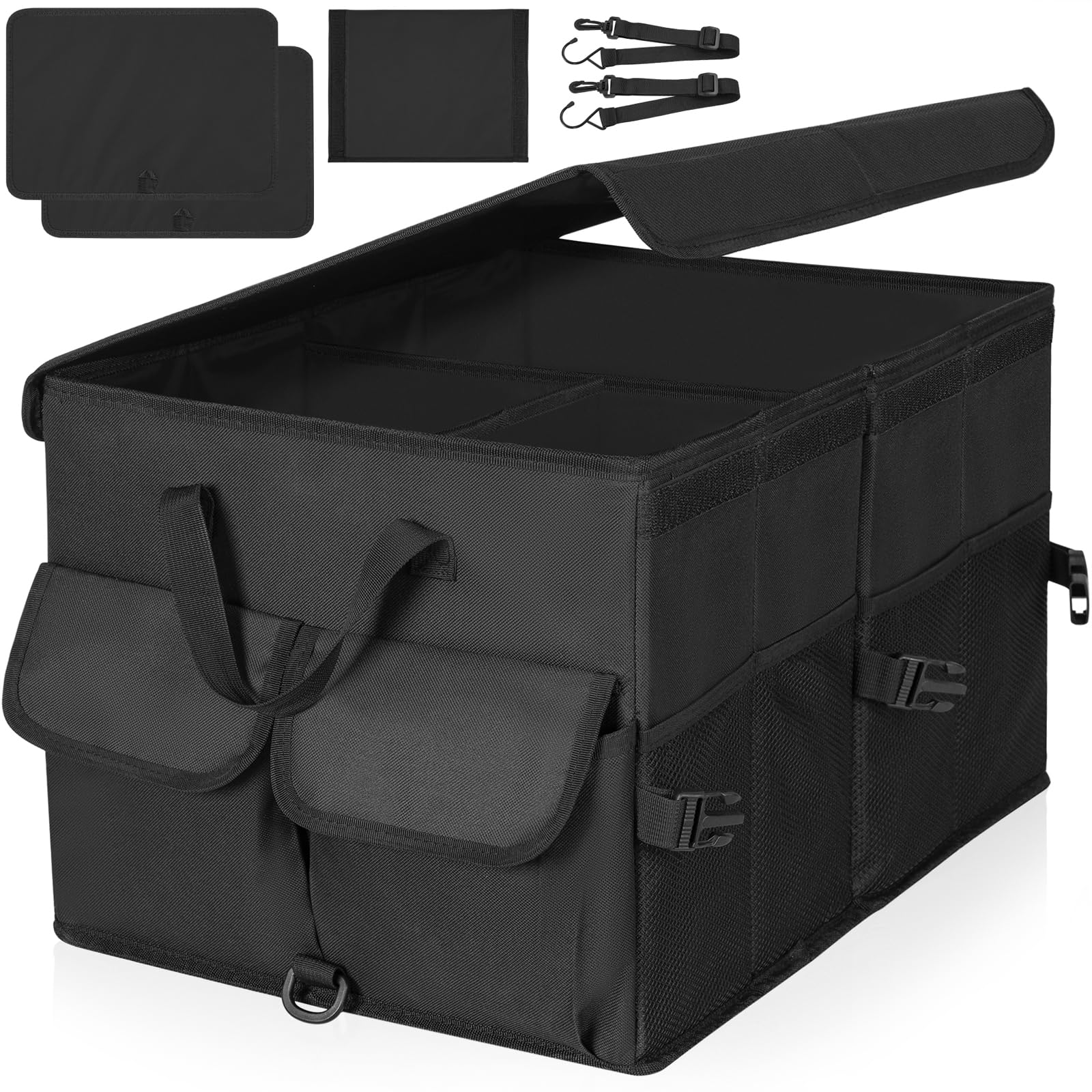 

BQKOZFIN Складной ящик для хранения в багажнике автомобиля с крышкой и разделителями для кемпинга на открытом воздухе и в транспортных средствах, внедорожники, малые/средние (черный) чёрный