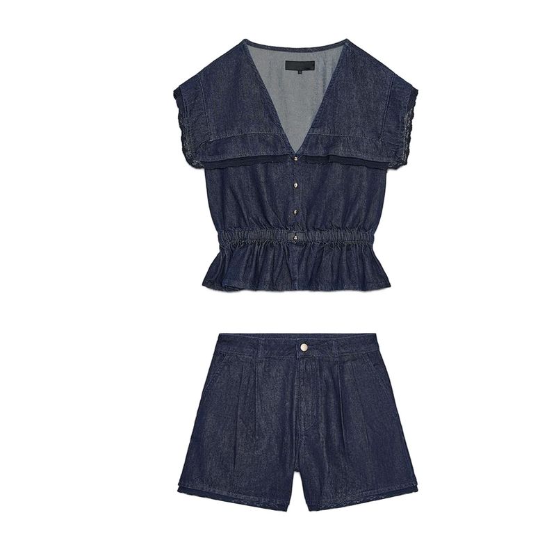 V Neck Short Sleeve Lace Denim Shirt 6147155 High Waist Lace Denim Casual Shorts 6147159