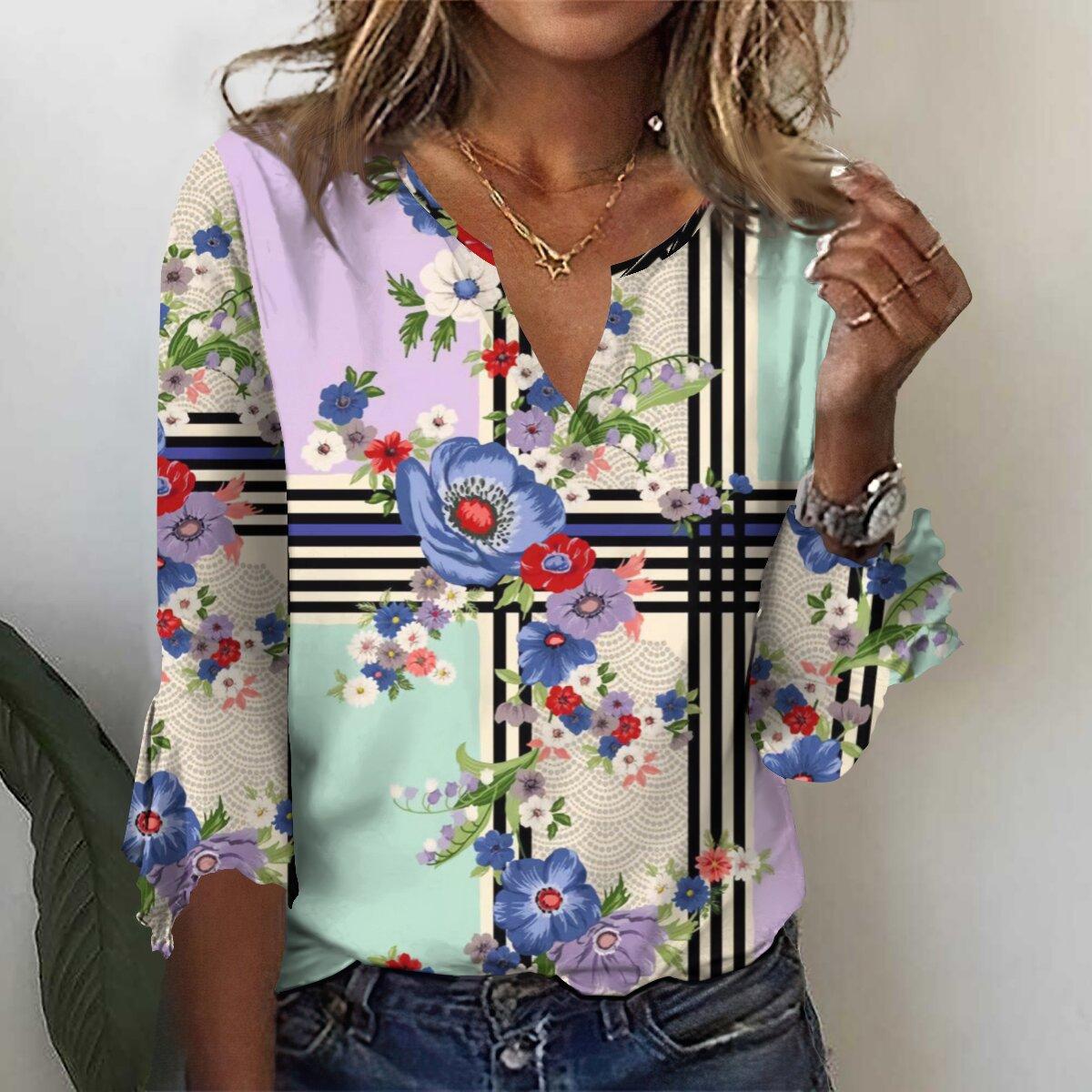 

Осень 2023, новая мода, женский повседневный топ с v-образным вырезом и рукавом 3/4 с принтом, большие размеры