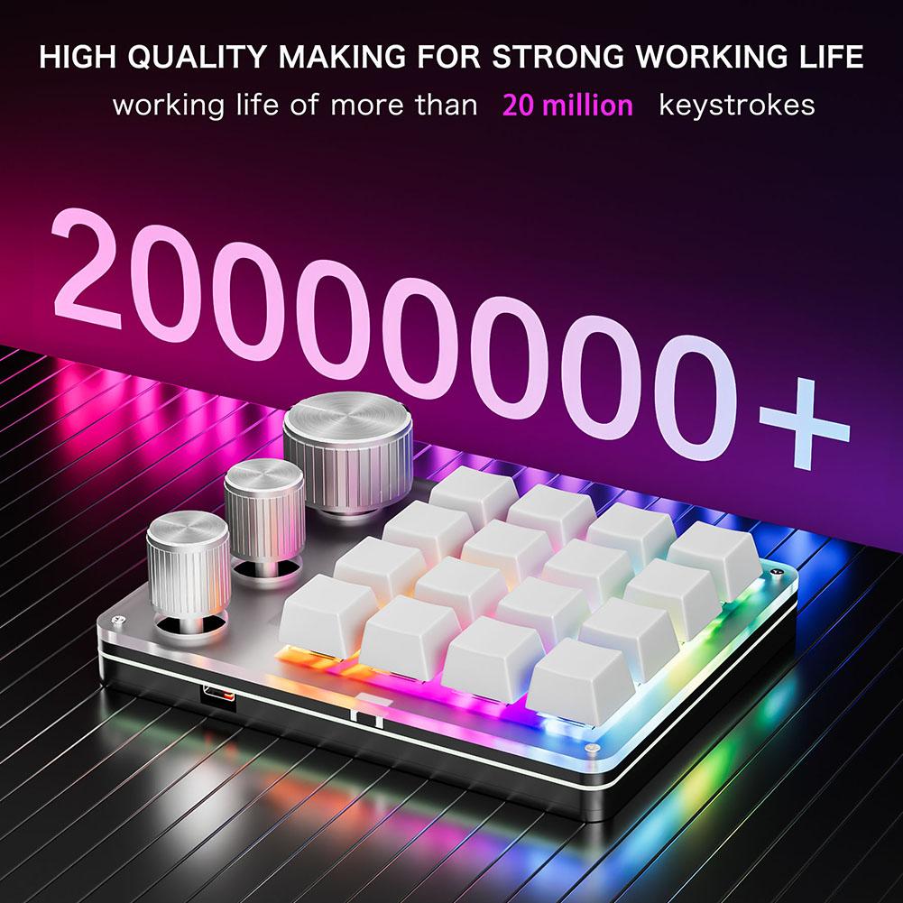 16 Keys 3 Knobs Programmable Macro Keyboard Type-C Wired/Bluetooth-Compatible Macro Pad LED Backlight Macro Keyboard for Gaming