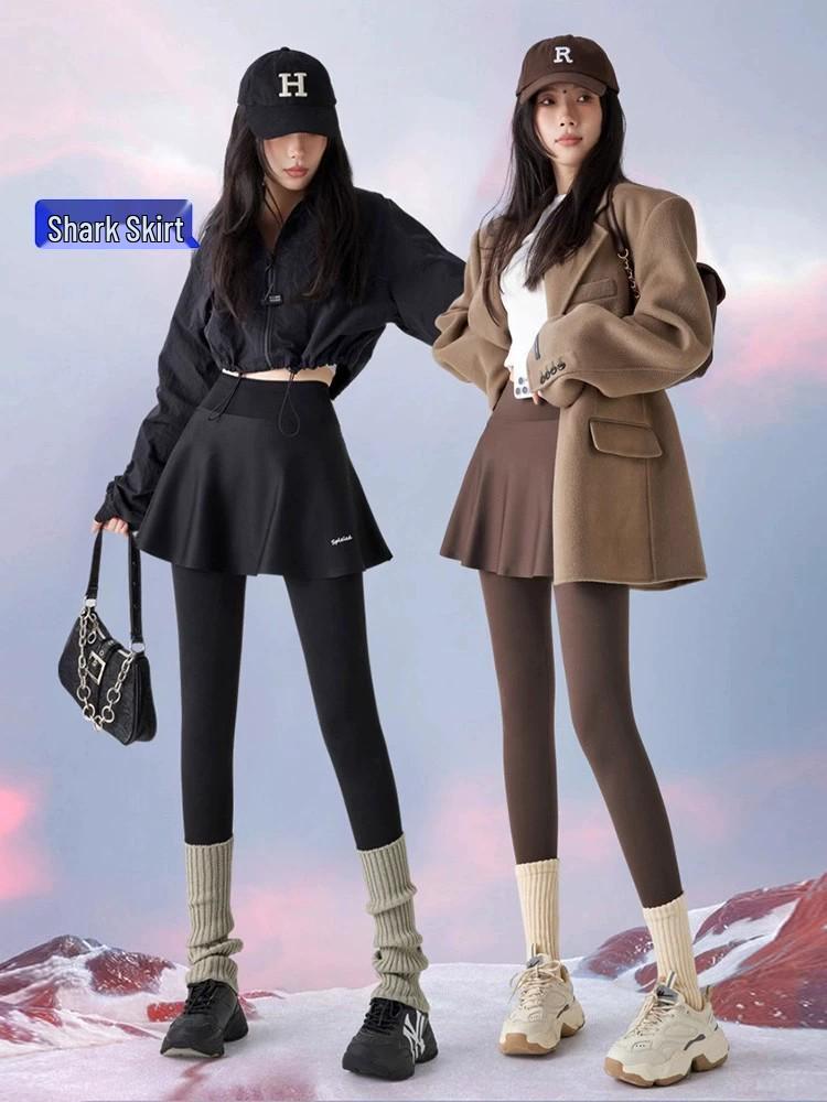 Women's Fleece-Lined Two-Piece Yoga Pants & Skirt - High-Waisted, Thickened for Slimming, Ideal for Autumn/Winter Fitness & Outerwear.