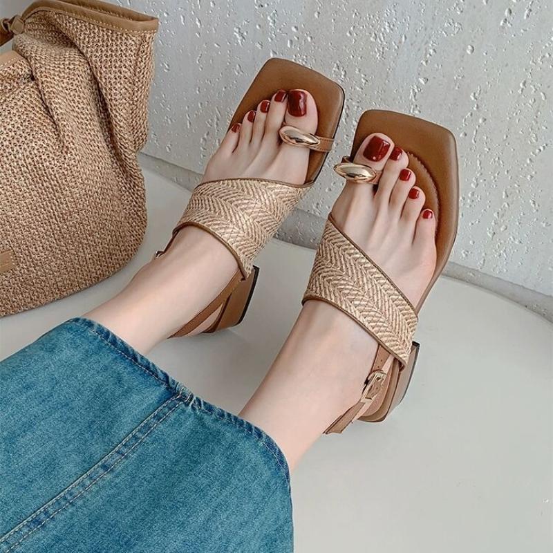 Summer Weave Clip Toe High Heeled Sandals Women Square Toe Slippers Shoes 2025 Trend Slingback Chunky Dress Bohemian Beach Pumps