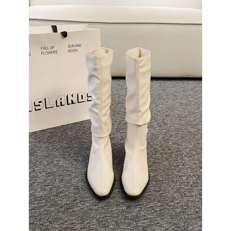 Thick Heel Pleated Stack Long Tube Knight Boots Women's Shoes New Spring and Autumn Western Thin Medium Tube Long Boots