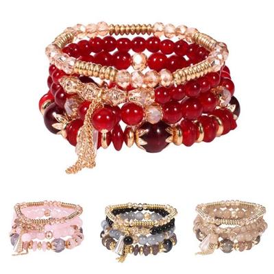 4Pcs/Set Boho Faux Agate Pearl Tassel Chain Charm Beaded Bracelet Women Jewelry