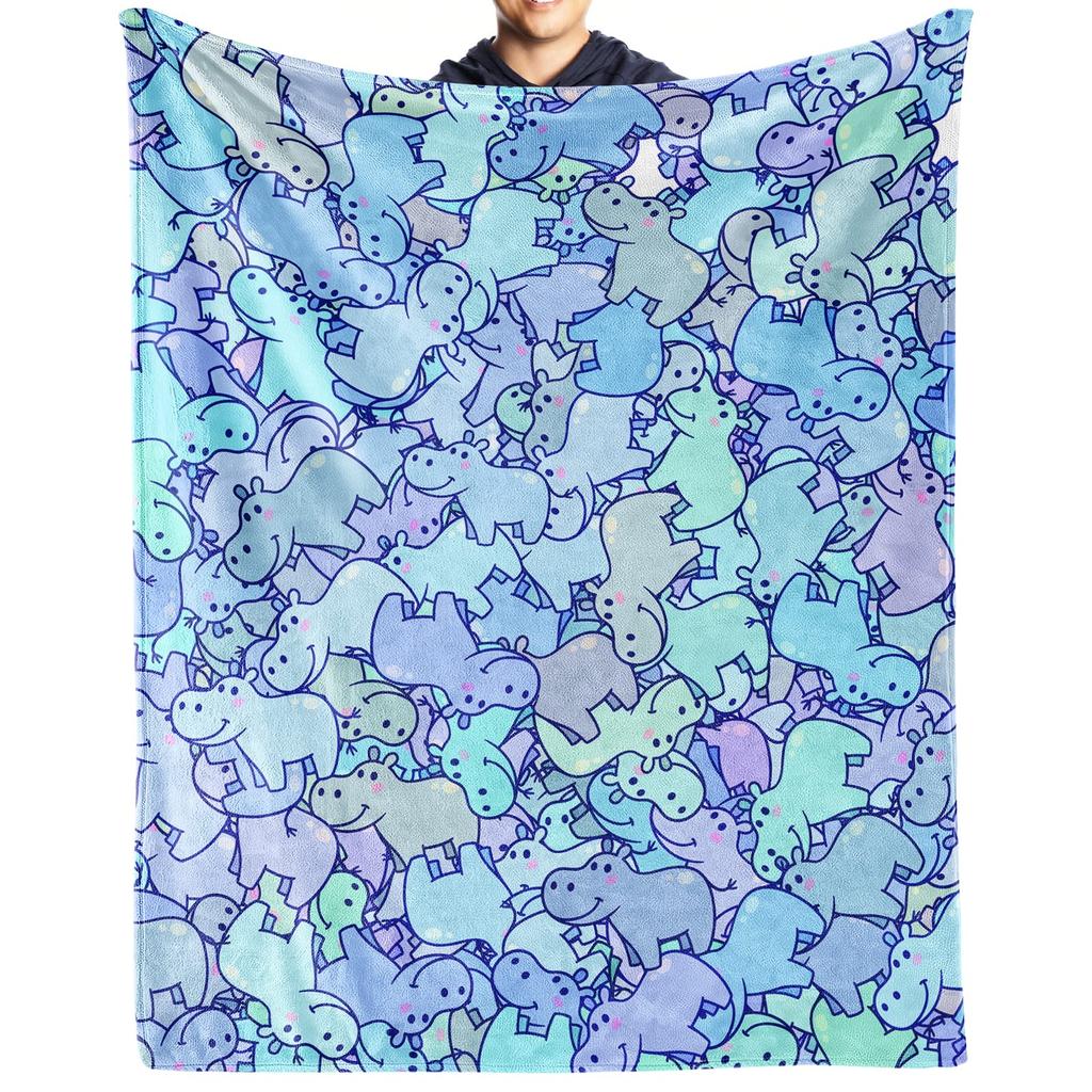 Lovely Hippo Throw Blanket Cute Cartoon Flannel Blanket for Couch Bed Travel Outdoor Home Decor Warm Fuzzy Blanket for Boys Girl