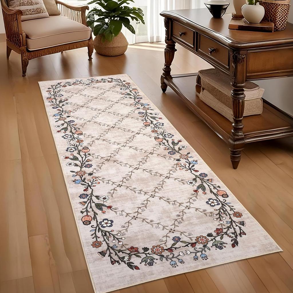 Geometric Diamond Grid Runner Rug Vine Flowers Romantic and Simple Bedroom Carpet Living Room Floor Mat Bedside Home Decoration