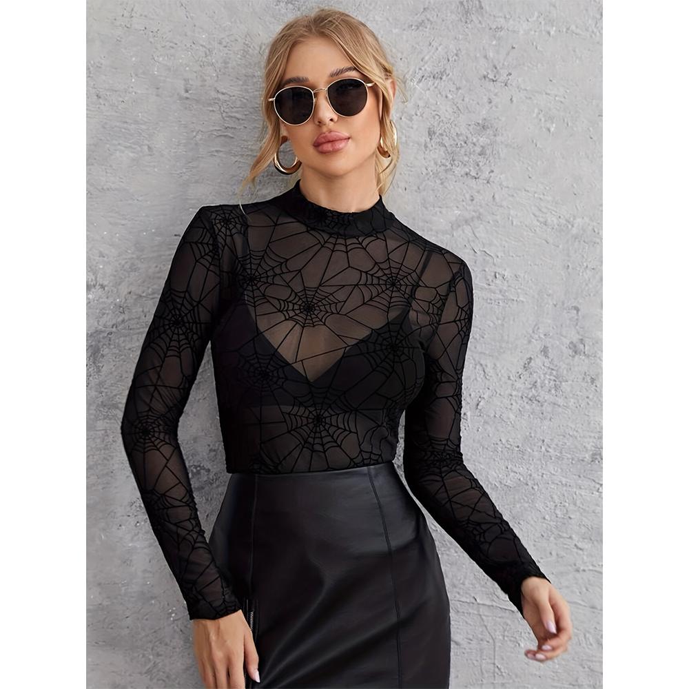 

Женские топы с длинным рукавом из сетки с цветочным принтом, с высоким воротником, прозрачные, облегающие, сексуальные, для выхода в свет S чёрный
