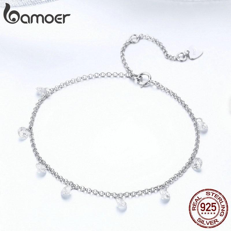 Bamoer 925 Sterling Silver Simple Geometric Crystal Cz Link Chain Bracelets &Bangles For Women Authentic Silver Jewelry Scb103
