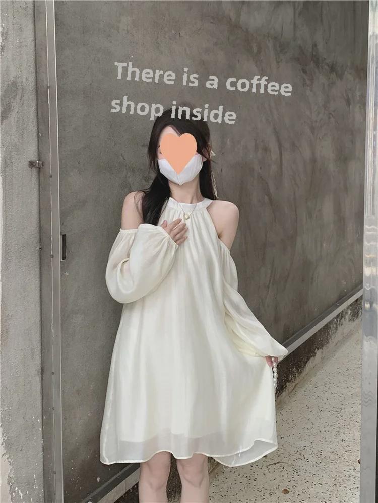 Koreanisches schulterfreies Neckholderkleid: Süßer, locker sitzender Strandrock für Frühling/Sommer
