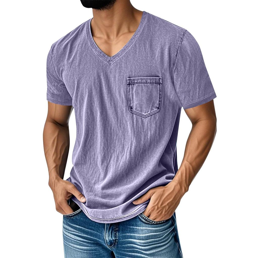 Men's Summer Solid Color V-Neck Loose Pocket Short Sleeve Top