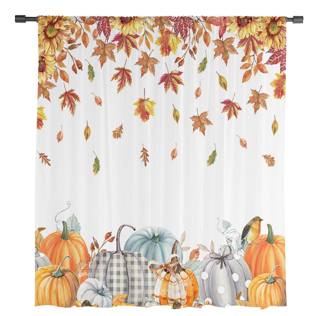 Thanksgiving Fall Pumpkin Maple Leaf Sheer Curtains Home Window Decorations Voile Tulle Curtains For Living Room Bedroom Kitchen