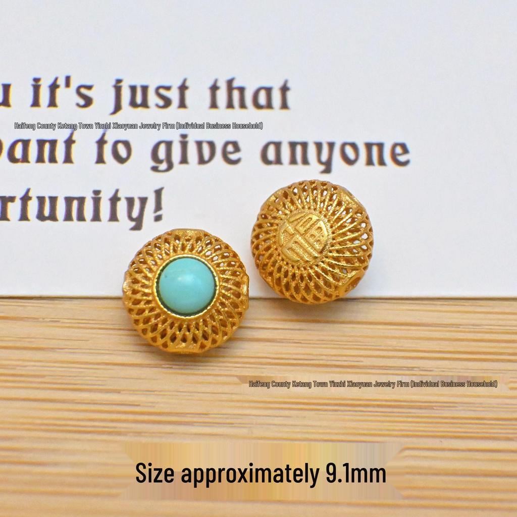 S925 Sterling Silver Gold-Inlaid Raw Turquoise Pendant Spacer Beads