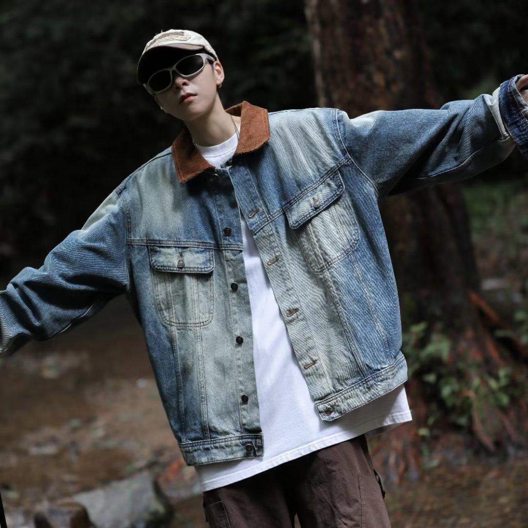 

High Street Trendy Brand Retro Blue Washed Season Denim Jacket Men s Design Sense Loose Niche Versatile American Jacket M синий