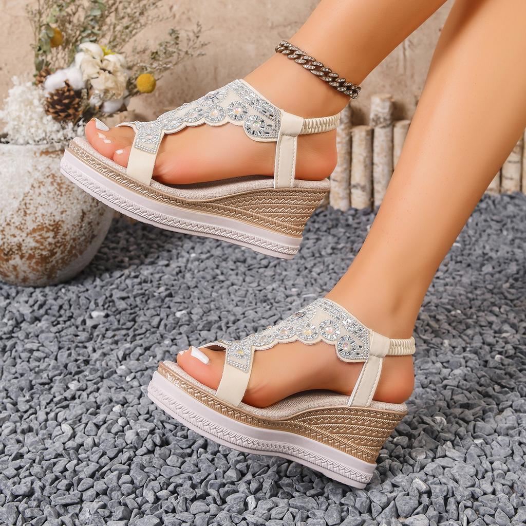Sandały Damskie Letnie Eleganckie Sandały Ślubne Bohemian Buty z Cyrkoniami dla Kobiet Modne Buty na Koturnie z Grubą Podeszwą Zapatos De Mujer