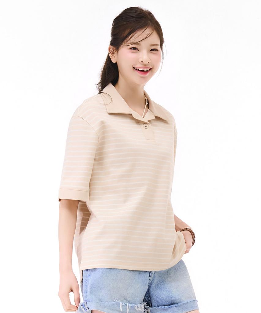 CHASECULT Women'S Open Collar Striped Short Sleeve T-Shirt - Beige