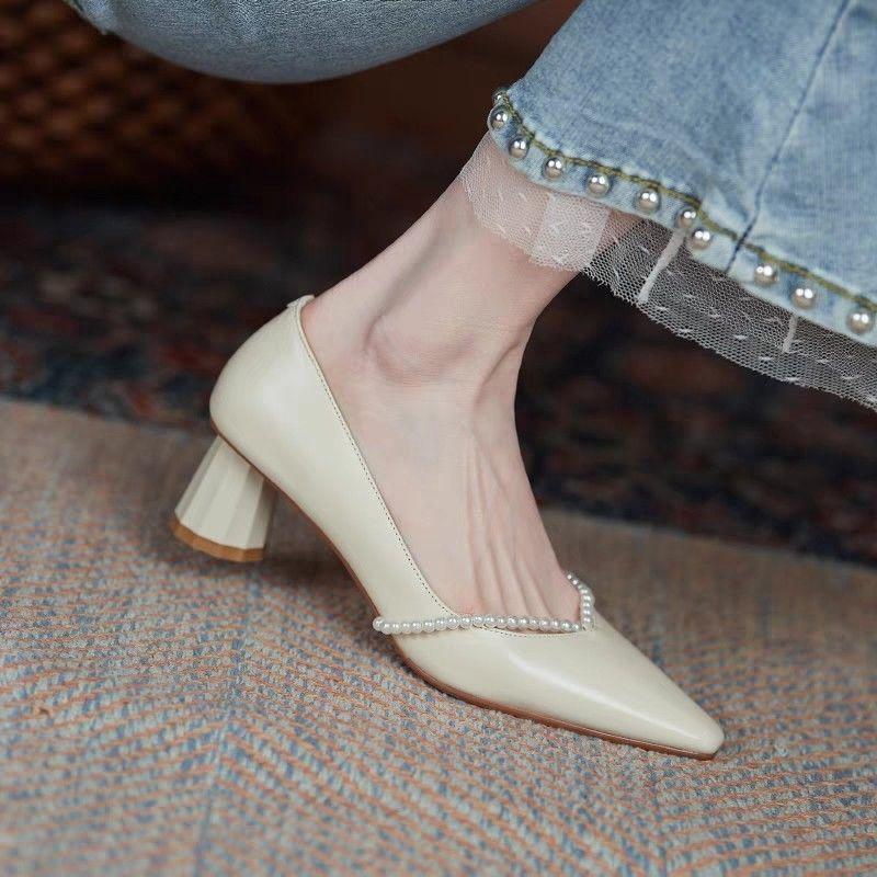 Shoes for Women 2024 Pearl Ladies Summer Footwear Bride Mary Jane with Heel Japanese Style Lolita Pointed Toe Gothic Lastest 39