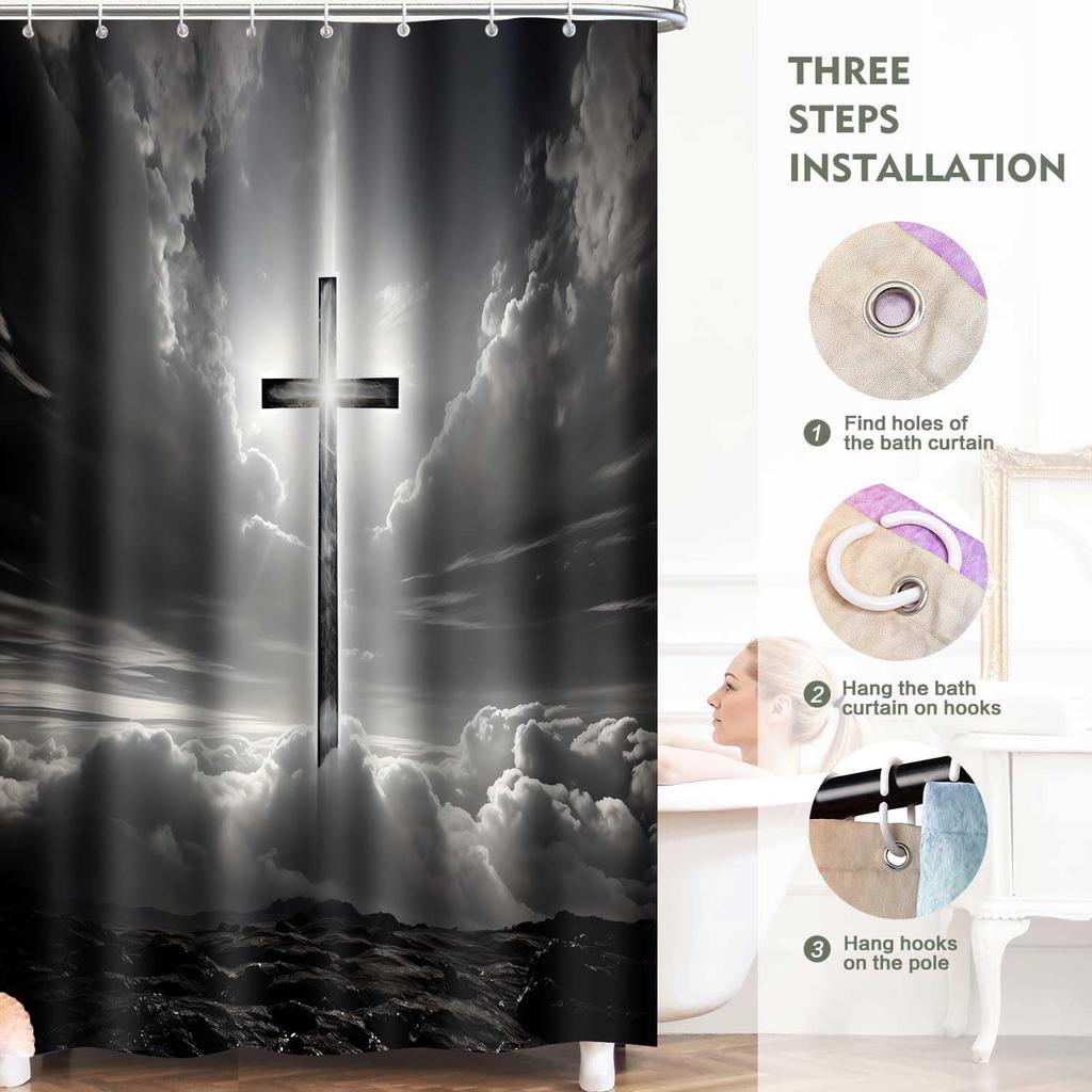 Cross Shower Curtain, 72x72inch, Crucifix Bathroom Shower Curta Easter Jesus Bathroom Curta Decor Set with 12 Hooks YLMRTP0611