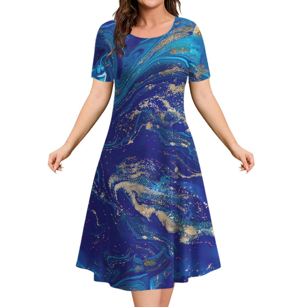 2026 New Summer Loose A-line Dress 3D Printing Short-sleeved Women's Evening Dress Women's Elegant Fashion Round Neck Dress