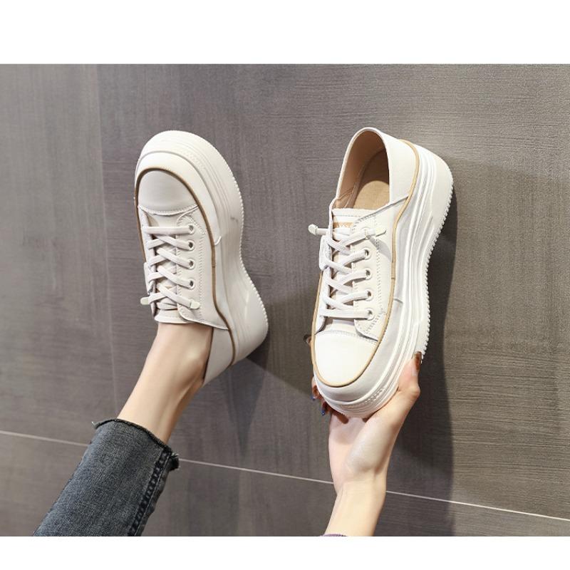 Genuine Leather Shoes Women Sneakers Flat Fashion Brand Ladies White Shoes Soft Comfortable Thick Sole 3cm