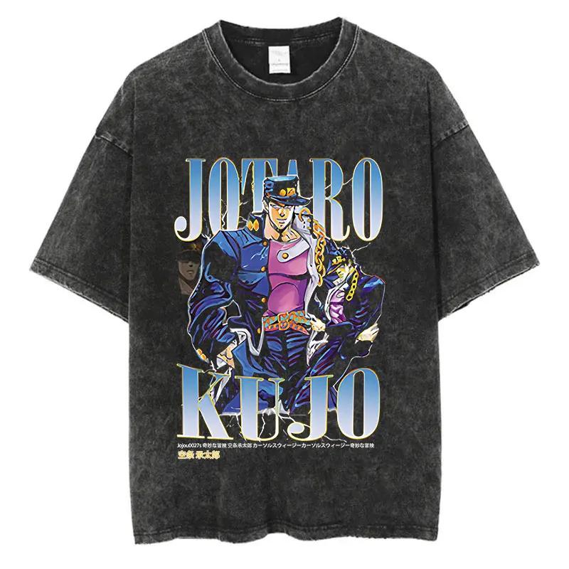 Vintage Washed TShirt Men Summer Hip Hop Streetwear Tshirt JoJo Bizarre Adventure Anime Print Cotton Casual Short Sleeve Tshirt