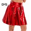 Women Skater Skirt High-Waisted Shiny Metallic Patent Faux Leather Texture Party Skirt Slimming Versatile Mini Skirt
