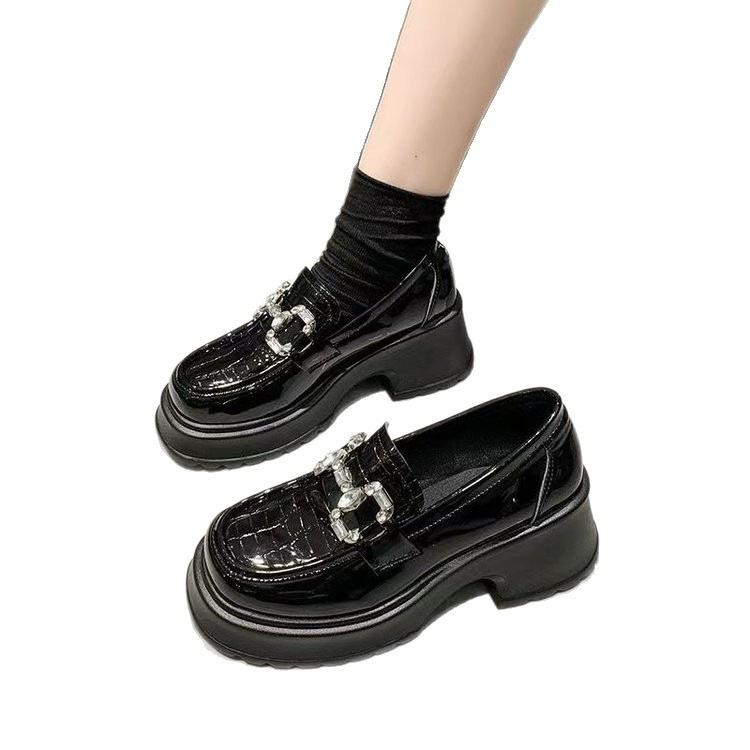 British Wind and Water Diamond Single Shoes New Spring Muffin Small Leather Shoes Thick Soles Increase