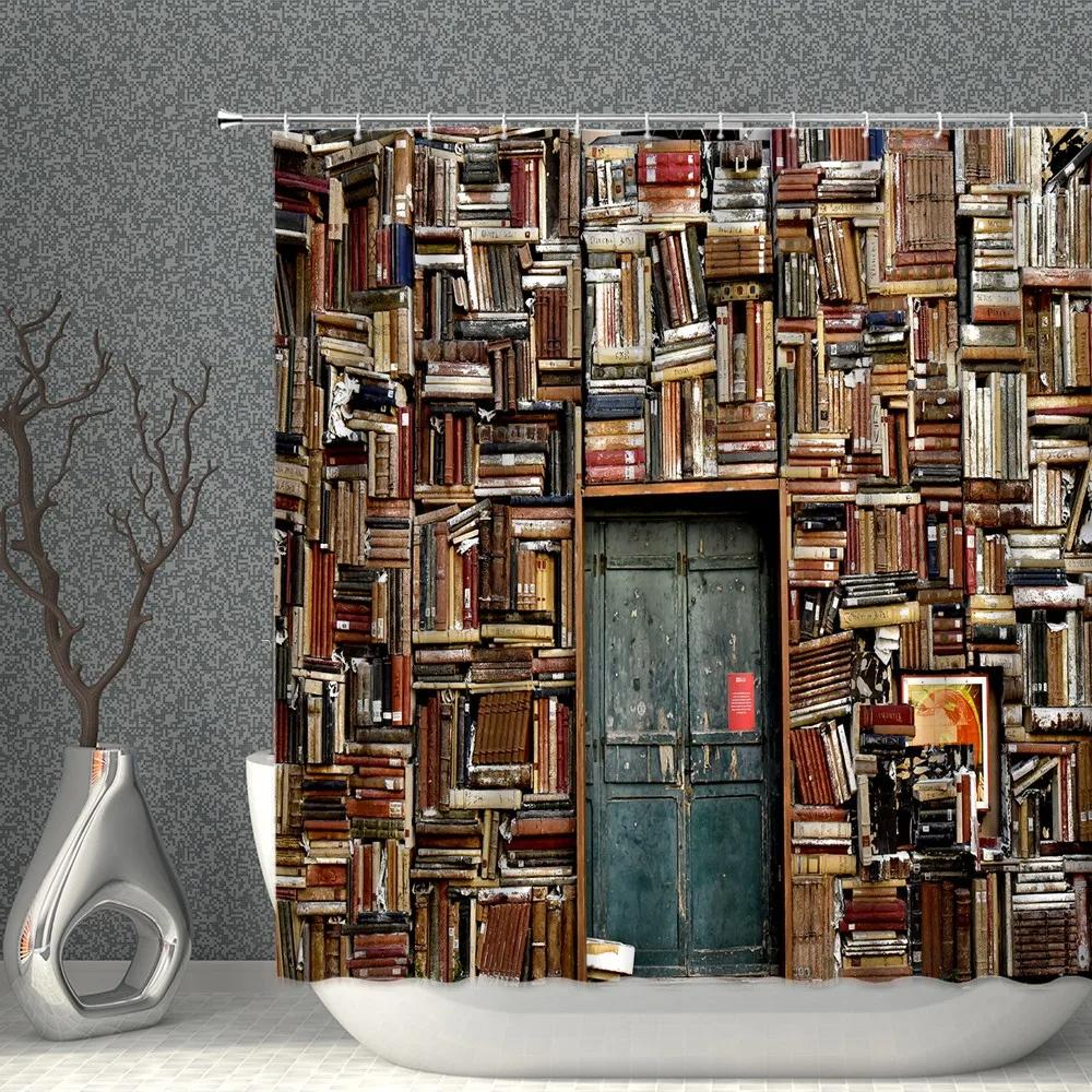 3D Library Shower Curtain, Vintage Bookshelf Books Gothic Magic Polyester Printed Fabric Bathroom Decorative Bathtub Accessories