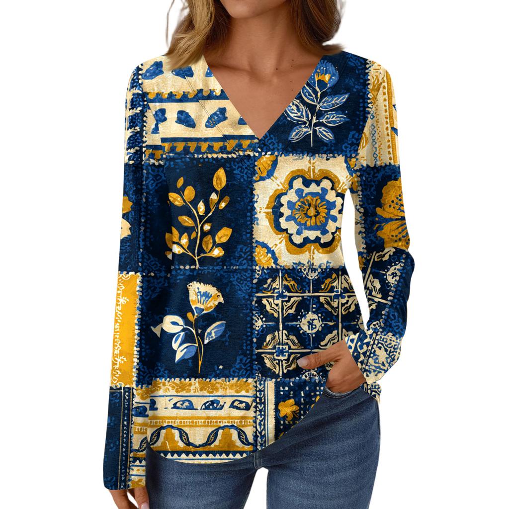 Women's Casual Fashion Brushed Retro Floral Print Long Sleeve V-Neck Top T-Shirt