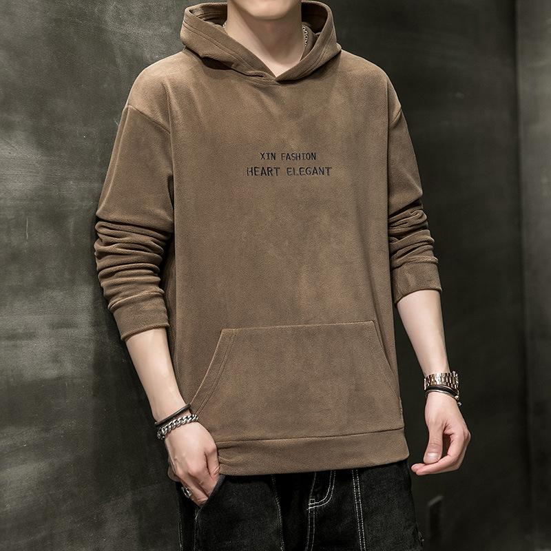 

Autumn and Winter Casual Hooded Sweatshirt for Men Warm Embroidered Pullover Loose Velvet Versatile Fleece Top for Men M коричневий
